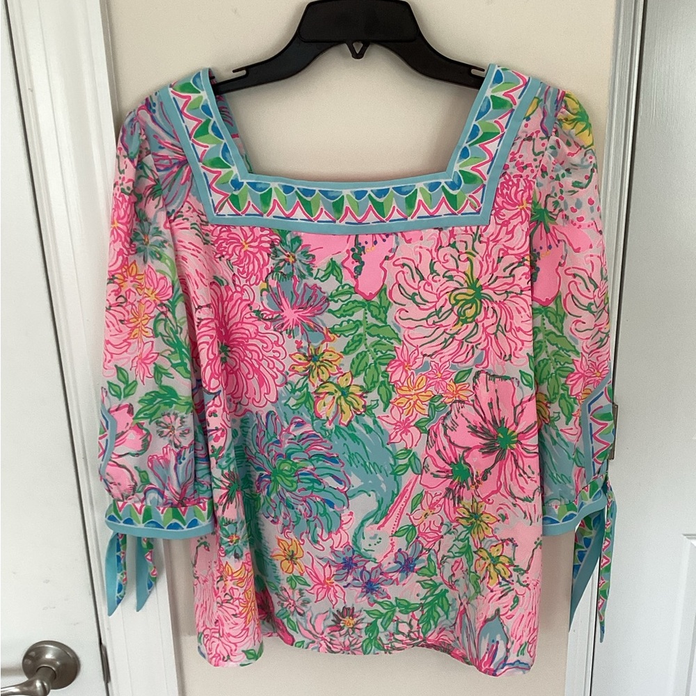 Lilly Pulitzer Madge Vibrant Floral Square Neck Blouse - Pink and Green